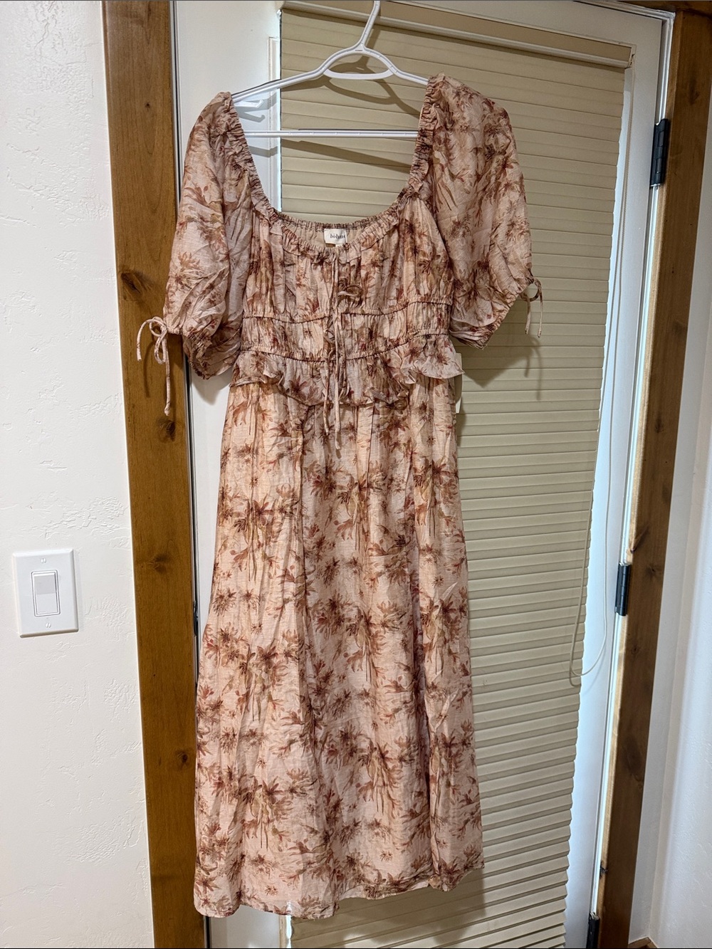 bohme Blush Peach Floral Midi Dress with Ruffle Bodice
